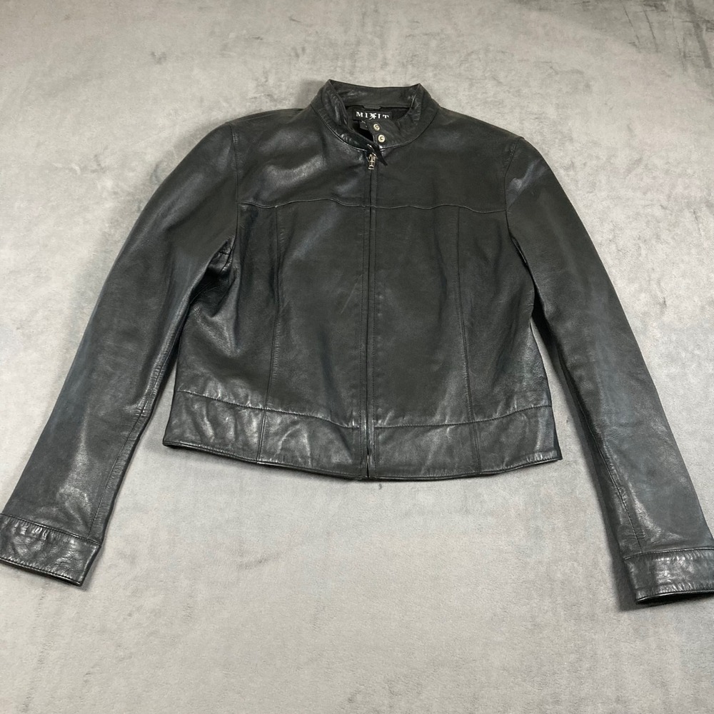 Mixit Womens Black Leather Moto Jacket Mandarin Collar Zip Up Size 10